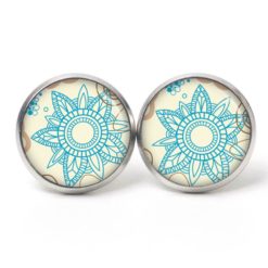 Druckknopf Ohrstecker Ohrhänger Clipse große türkise Blume im Vintage Stil
