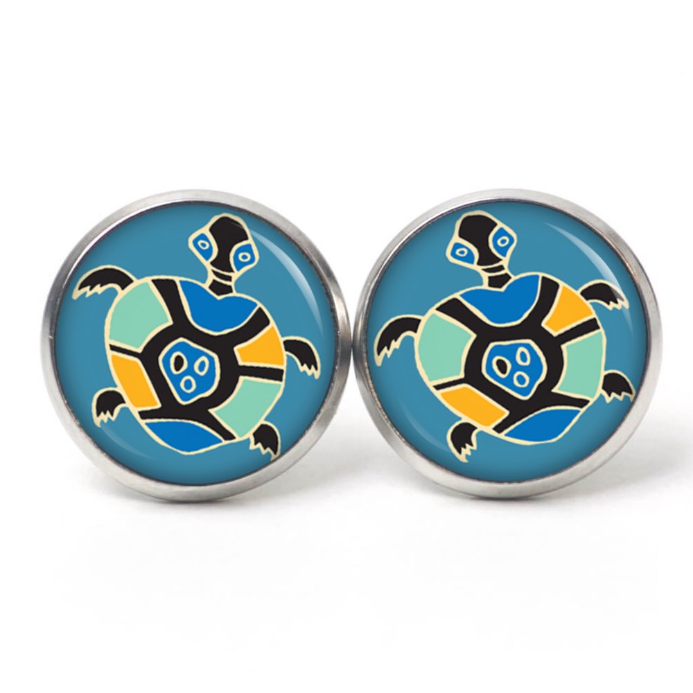 Druckknopf Ohrstecker Ohrhänger kleine Schildkröte in Blau Grün Gelb Druckknopf Ohrstecker Ohrhänger kleine Schildkröte in Blau Grün Gelb