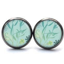 Druckknopf Ohrstecker Ohrhänger türkis grünes Schilf Blätter - Edelstahl