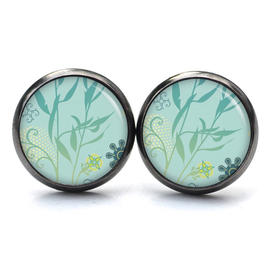 Druckknopf Ohrstecker Ohrhänger türkis grünes Schilf Blätter – Edelstahl Druckknopf Ohrstecker Ohrhänger türkis grünes Schilf Blätter - Edelstahl