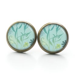 Druckknopf Ohrstecker Ohrhänger türkis grünes Schilf Blätter - Edelstahl