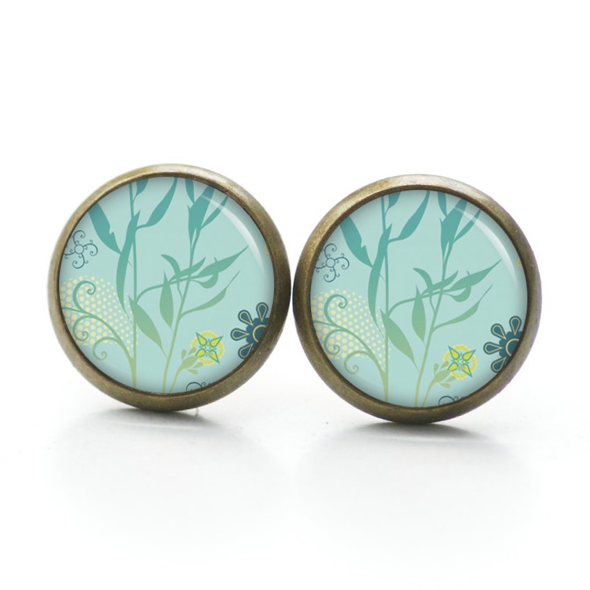 Druckknopf Ohrstecker Ohrhänger türkis grünes Schilf Blätter – Edelstahl Druckknopf Ohrstecker Ohrhänger türkis grünes Schilf Blätter - Edelstahl