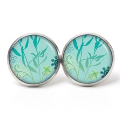 Druckknopf Ohrstecker Ohrhänger türkis grünes Schilf Blätter - Edelstahl