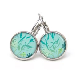 Druckknopf Ohrstecker Ohrhänger türkis grünes Schilf Blätter - Edelstahl