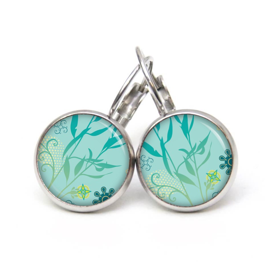 Druckknopf Ohrstecker Ohrhänger türkis grünes Schilf Blätter – Edelstahl Druckknopf Ohrstecker Ohrhänger türkis grünes Schilf Blätter - Edelstahl
