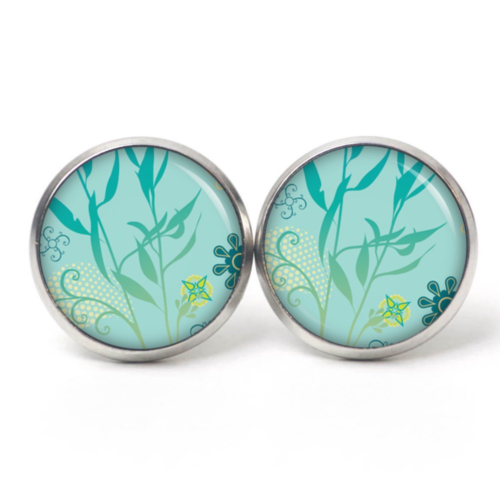 Druckknopf Ohrstecker Ohrhänger türkis grünes Schilf Blätter – Edelstahl Druckknopf Ohrstecker Ohrhänger türkis grünes Schilf Blätter - Edelstahl