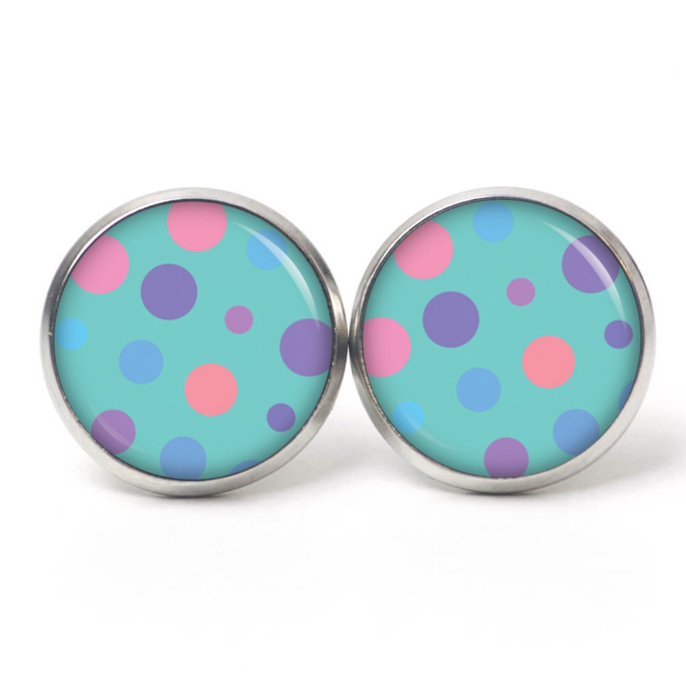 Druckknopf Ohrstecker Ohrhänger türkis mit bunte Punkte Tupfen Druckknopf Ohrstecker Ohrhänger türkis mit bunte Punkte Tupfen