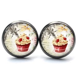 Druckknopf Ohrstecker Ohrhänger Clipse Cupcake rot mit Kirsche