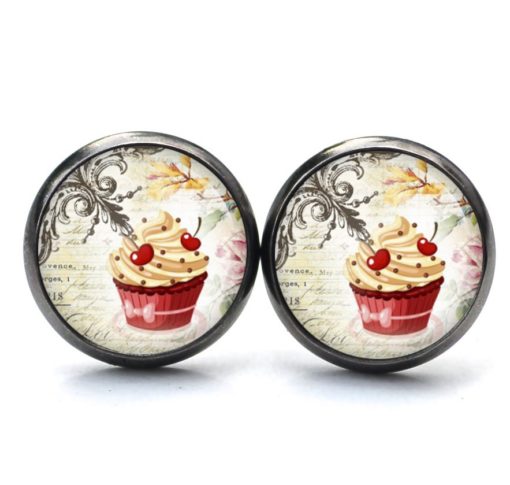 Druckknopf Ohrstecker Ohrhänger Clipse Cupcake rot mit Kirsche