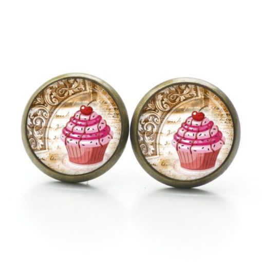 Druckknopf Ohrstecker Ohrhänger Clipse Cupcake rosa mit Kirsche