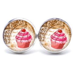 Druckknopf Ohrstecker Ohrhänger Clipse Cupcake rosa mit Kirsche