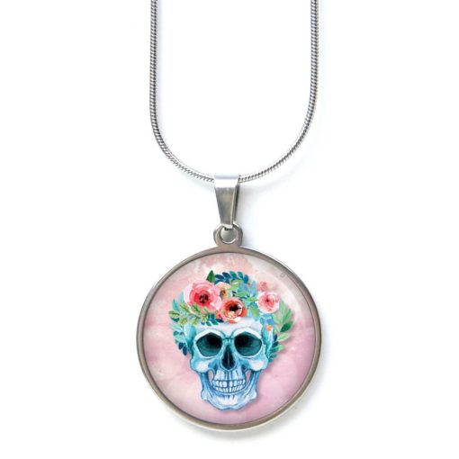 Edelstahl Kette Totenkopf in blau mit Blumen Frühling Rosa