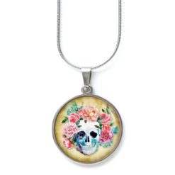 Edelstahl Kette Totenkopf Skull mit rosa Rosen Frühling Gelb