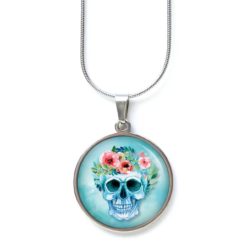 Edelstahl Kette lachender Totenkopf mit Blumen Frühling hellblau