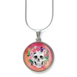 Edelstahl Kette weißer Totenkopf mit Blumen Frühling Rosa und lila