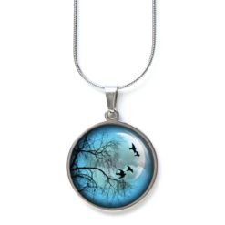 Edelstahl Kette fliegende Vögel mit Baum und blauer Vollmond