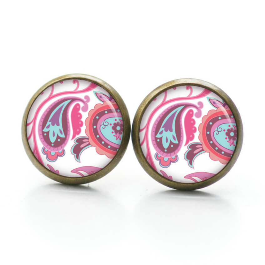 Ohrstecker, Ohrhänger, Clipse & Druckknopf – Motiv Paisley Rosa Türkis – Schmuck aus Edelstahl Ohrstecker, Ohrhänger, Clipse & Druckknopf – Motiv Paisley Rosa Türkis – Schmuck aus Edelstahl