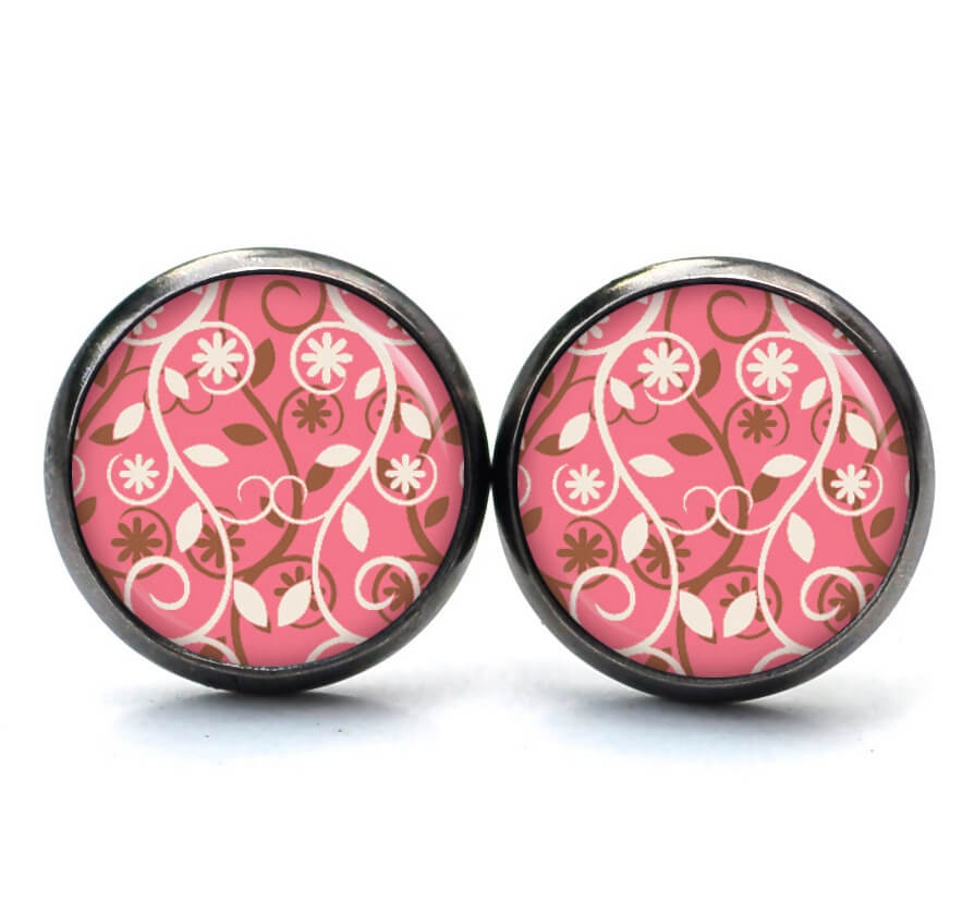 Ohrstecker, Ohrhänger, Clipse & Druckknopf – Motiv wildes rosa Blumenmuster – Schmuck aus Edelstahl Ohrstecker, Ohrhänger, Clipse & Druckknopf - Motiv wildes rosa Blumenmuster - Schmuck aus Edelstahl
