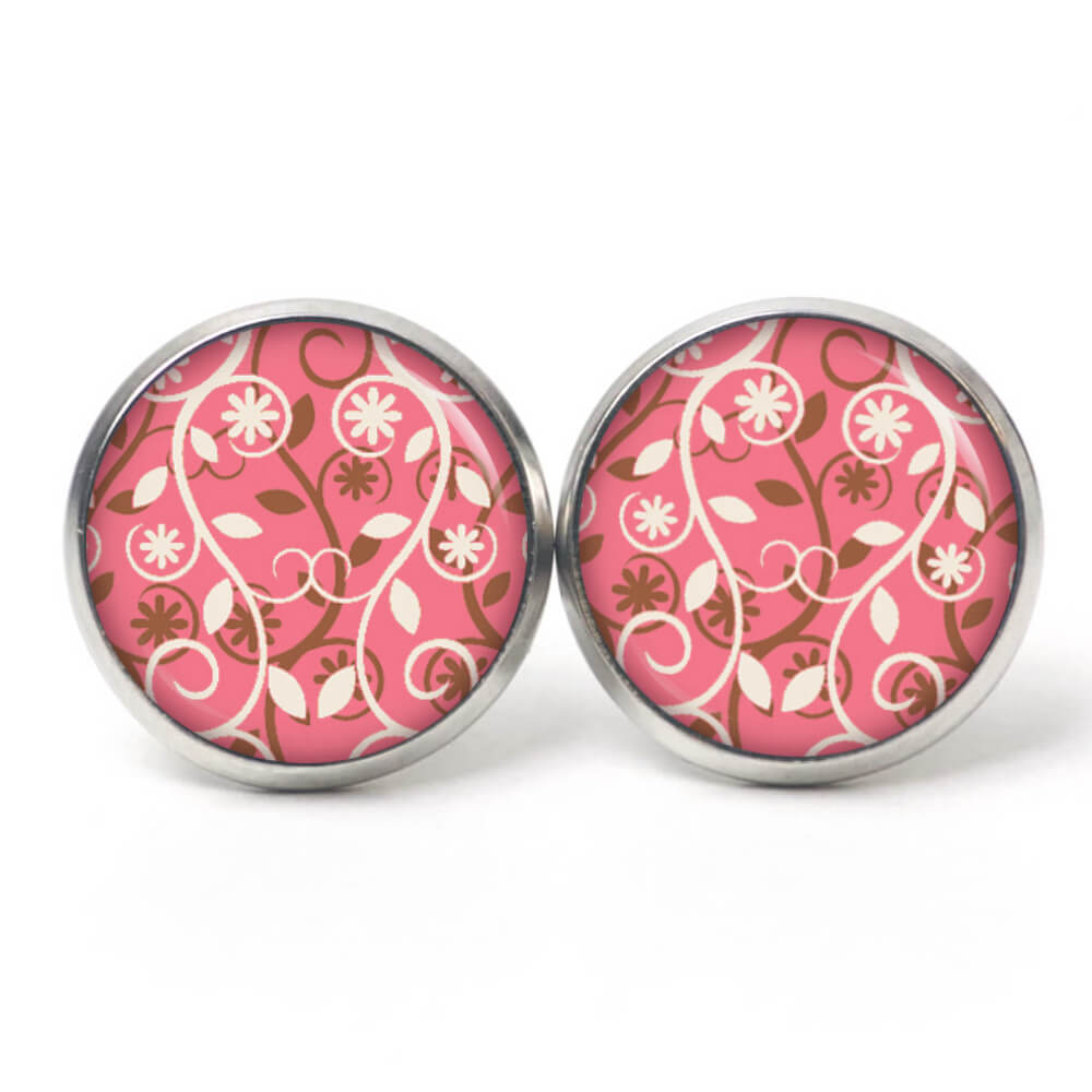 Ohrstecker, Ohrhänger, Clipse & Druckknopf – Motiv wildes rosa Blumenmuster – Schmuck aus Edelstahl Ohrstecker, Ohrhänger, Clipse & Druckknopf - Motiv wildes rosa Blumenmuster - Schmuck aus Edelstahl