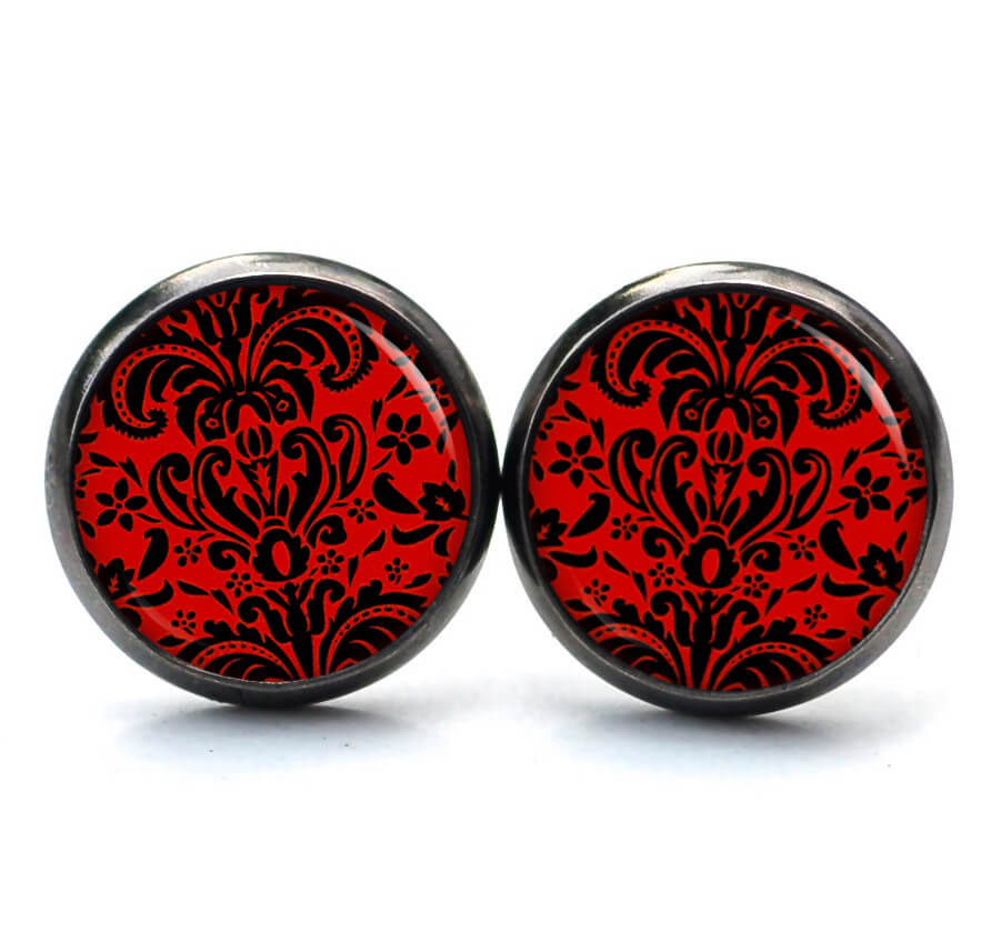 Ohrstecker, Ohrhänger, Clipse & Druckknopf – Motiv Barock Ornament Rot Schwarz – Schmuck aus Edelstahl Ohrstecker, Ohrhänger, Clipse & Druckknopf - Motiv Barock Ornament Rot Schwarz - Schmuck aus Edelstahl