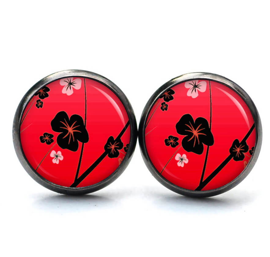 Ohrstecker, Ohrhänger, Clipse & Druckknopf – Motiv Sakura Blüten Rot Schwarz – Schmuck aus Edelstahl Ohrstecker, Ohrhänger, Clipse & Druckknopf - Motiv Sakura Blüten Rot Schwarz - Schmuck aus Edelstahl