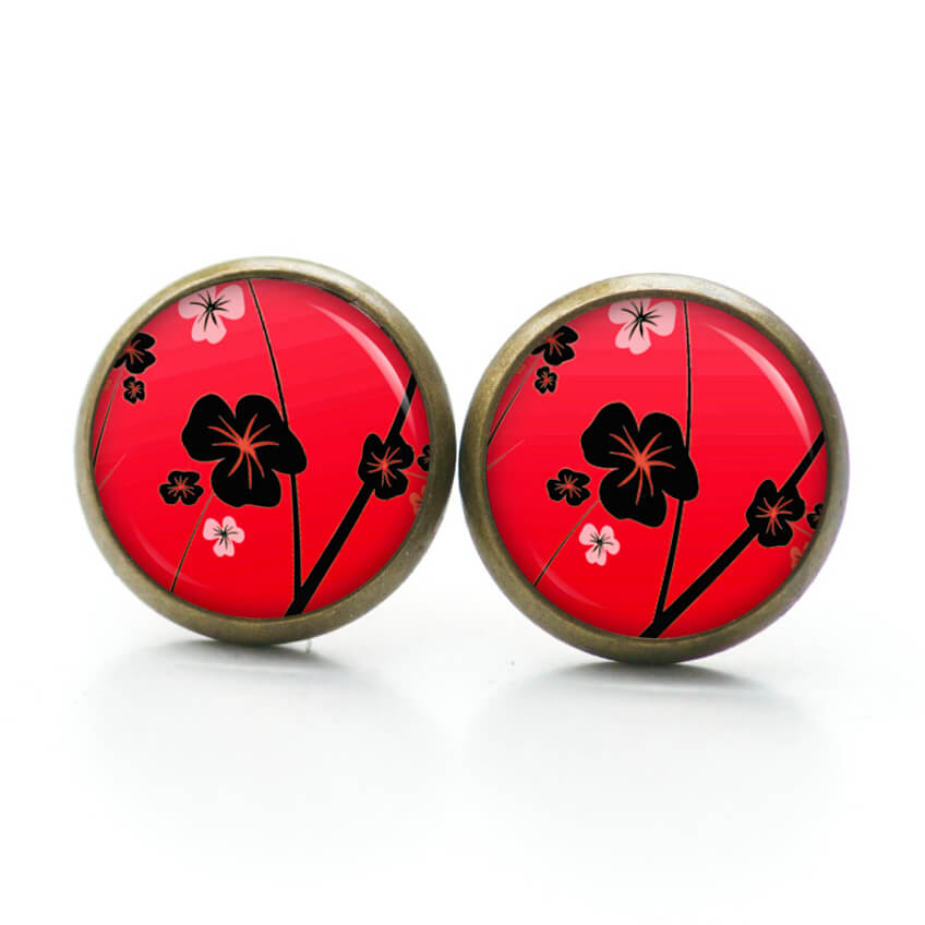 Ohrstecker, Ohrhänger, Clipse & Druckknopf – Motiv Sakura Blüten Rot Schwarz – Schmuck aus Edelstahl Ohrstecker, Ohrhänger, Clipse & Druckknopf - Motiv Sakura Blüten Rot Schwarz - Schmuck aus Edelstahl