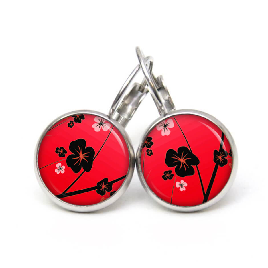Ohrstecker, Ohrhänger, Clipse & Druckknopf – Motiv Sakura Blüten Rot Schwarz – Schmuck aus Edelstahl Ohrstecker, Ohrhänger, Clipse & Druckknopf - Motiv Sakura Blüten Rot Schwarz - Schmuck aus Edelstahl