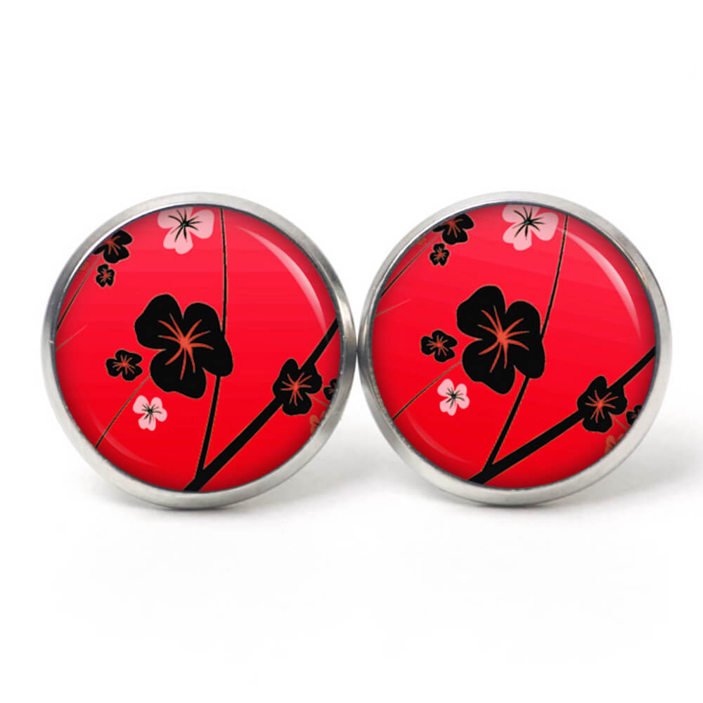 Ohrstecker, Ohrhänger, Clipse & Druckknopf – Motiv Sakura Blüten Rot Schwarz – Schmuck aus Edelstahl Ohrstecker, Ohrhänger, Clipse & Druckknopf - Motiv Sakura Blüten Rot Schwarz - Schmuck aus Edelstahl
