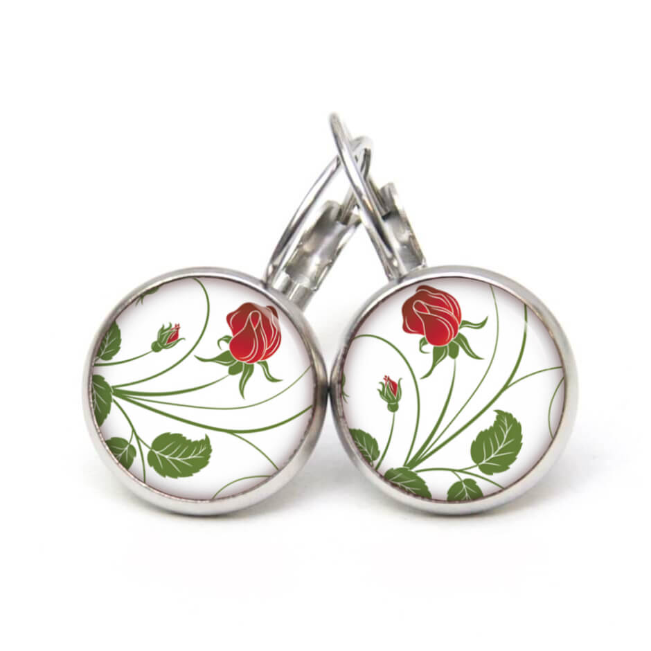 Ohrstecker, Ohrhänger, Clipse & Druckknopf – Motiv romantische rote Rose – Schmuck aus Edelstahl Ohrstecker, Ohrhänger, Clipse & Druckknopf - Motiv romantische rote Rose - Schmuck aus Edelstahl