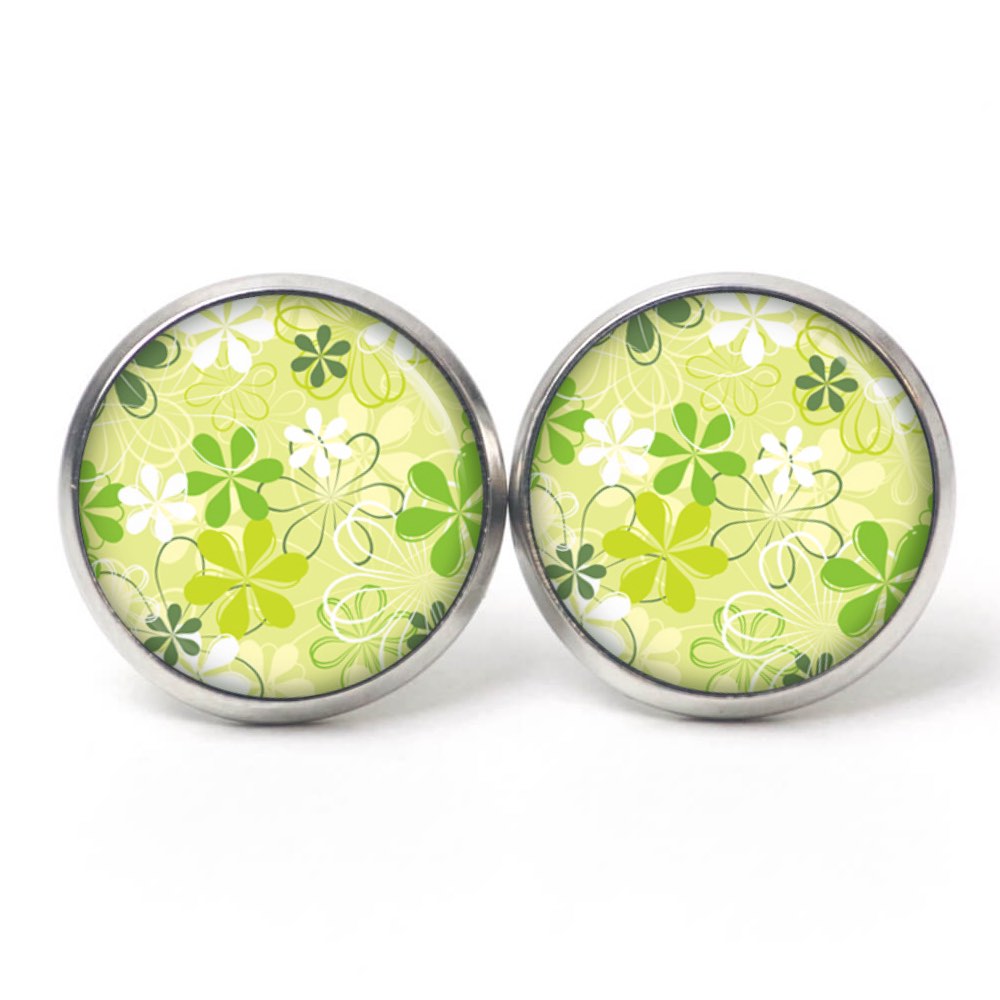 Ohrstecker, Ohrhänger, Clipse & Druckknopf – Motiv kleine grüne Blumen – Schmuck aus Edelstahl Ohrstecker, Ohrhänger, Clipse & Druckknopf – Motiv kleine grüne Blumen – Schmuck aus Edelstahl