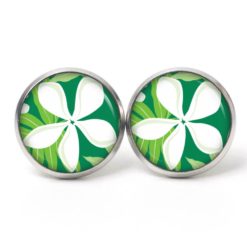 Ohrstecker, Ohrhänger, Clipse & Druckknopf – Motiv große Blume weiß grün – Schmuck aus Edelstahl