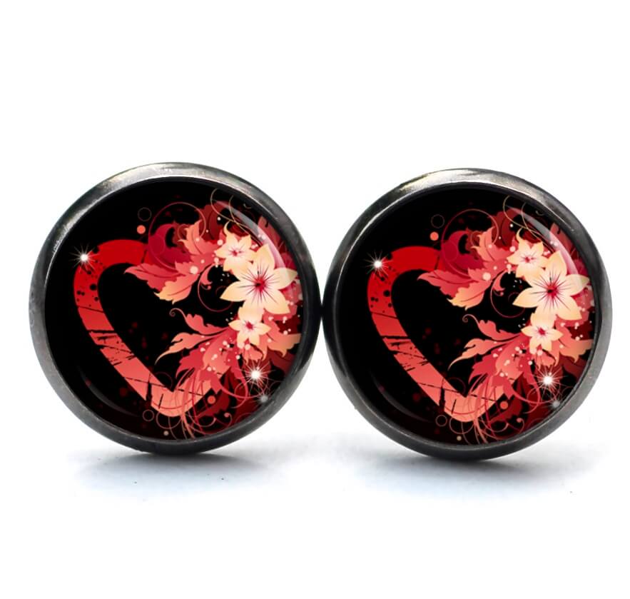 Ohrstecker, Ohrhänger, Clipse & Druckknopf – Motiv rotes Herz mit Blumen – Schmuck aus Edelstahl Ohrstecker, Ohrhänger, Clipse & Druckknopf – Motiv rotes Herz mit Blumen – Schmuck aus Edelstahl