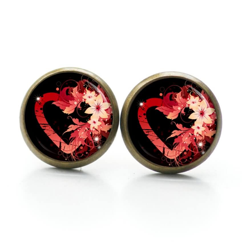 Ohrstecker, Ohrhänger, Clipse & Druckknopf – Motiv rotes Herz mit Blumen – Schmuck aus Edelstahl Ohrstecker, Ohrhänger, Clipse & Druckknopf – Motiv rotes Herz mit Blumen – Schmuck aus Edelstahl