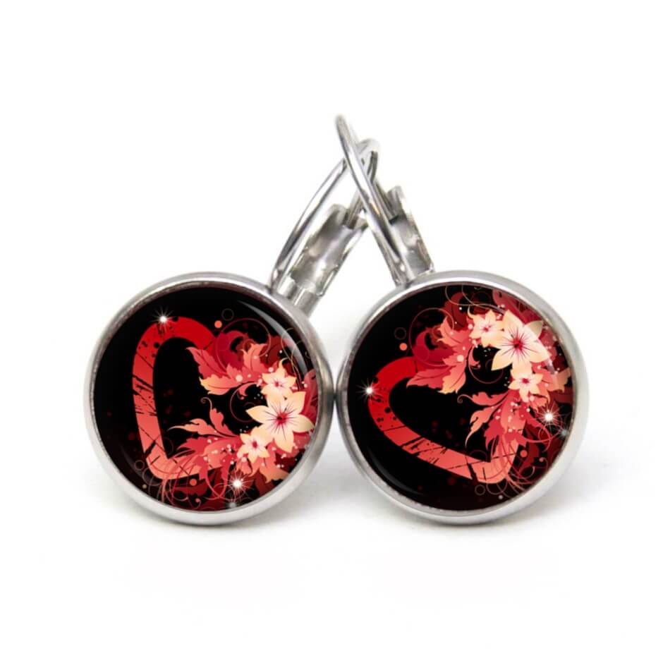 Ohrstecker, Ohrhänger, Clipse & Druckknopf – Motiv rotes Herz mit Blumen – Schmuck aus Edelstahl Ohrstecker, Ohrhänger, Clipse & Druckknopf – Motiv rotes Herz mit Blumen – Schmuck aus Edelstahl
