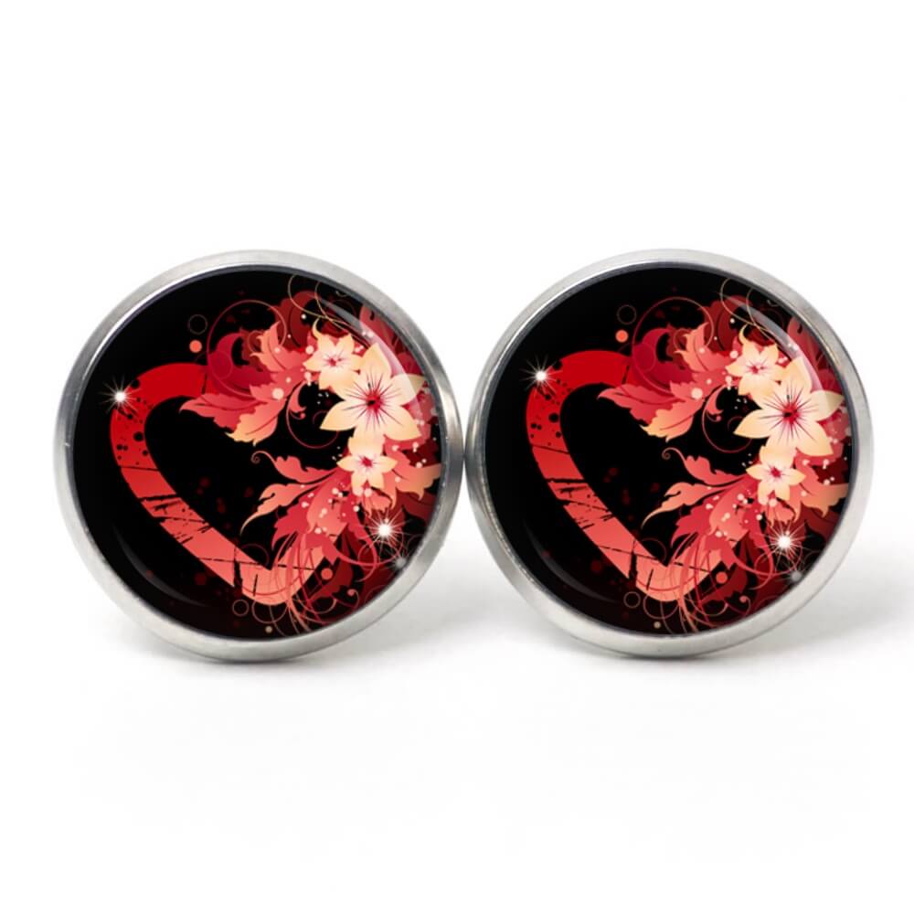 Ohrstecker, Ohrhänger, Clipse & Druckknopf – Motiv rotes Herz mit Blumen – Schmuck aus Edelstahl Ohrstecker, Ohrhänger, Clipse & Druckknopf – Motiv rotes Herz mit Blumen – Schmuck aus Edelstahl