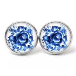Ohrstecker, Ohrhänger, Clipse & Druckknopf – Motiv blaues florales Muster Gzhel – Schmuck aus Edelstahl