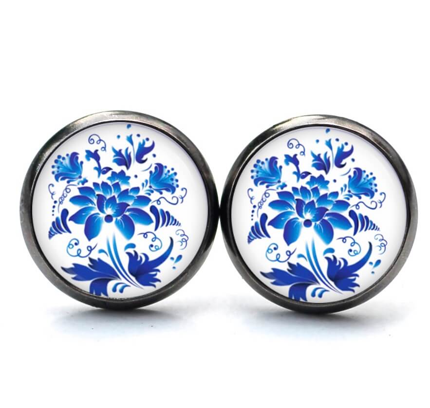 Ohrstecker, Ohrhänger, Clipse & Druckknopf – Motiv blaue Blumen im Gzhel Stil – Schmuck aus Edelstahl Ohrstecker, Ohrhänger, Clipse & Druckknopf – Motiv blaue Blumen im Gzhel Stil – Schmuck aus Edelstahl
