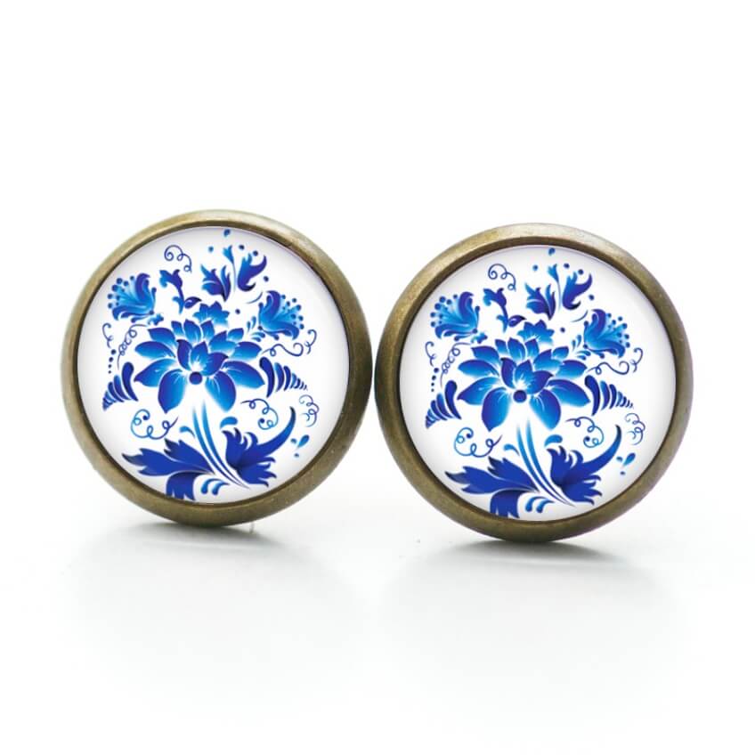 Ohrstecker, Ohrhänger, Clipse & Druckknopf – Motiv blaue Blumen im Gzhel Stil – Schmuck aus Edelstahl Ohrstecker, Ohrhänger, Clipse & Druckknopf – Motiv blaue Blumen im Gzhel Stil – Schmuck aus Edelstahl