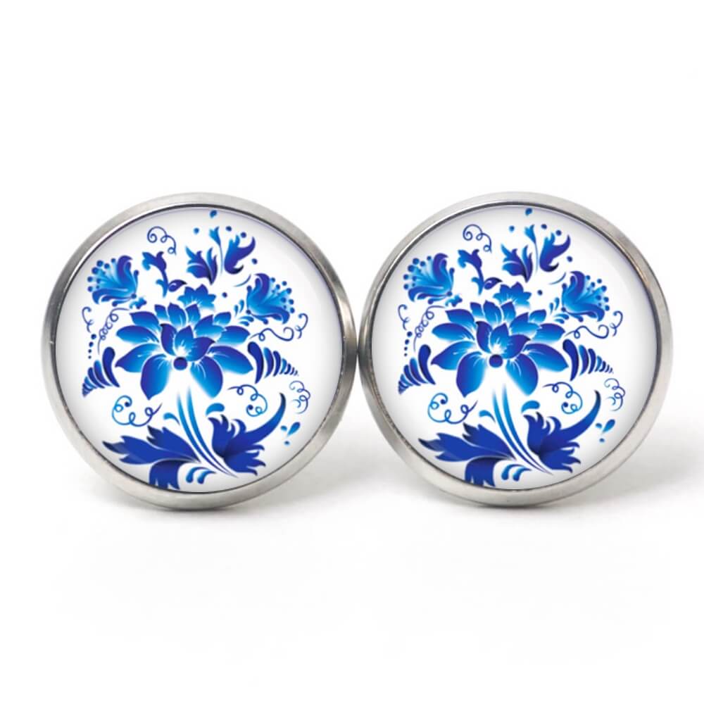 Ohrstecker, Ohrhänger, Clipse & Druckknopf – Motiv blaue Blumen im Gzhel Stil – Schmuck aus Edelstahl Ohrstecker, Ohrhänger, Clipse & Druckknopf – Motiv blaue Blumen im Gzhel Stil – Schmuck aus Edelstahl