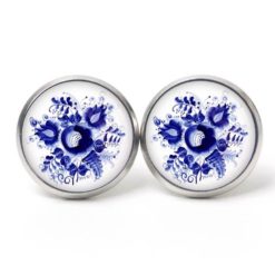 Ohrstecker, Ohrhänger, Clipse & Druckknopf – Motiv dunkelblaue Blumen im Gzhel Stil – Schmuck aus Edelstahl