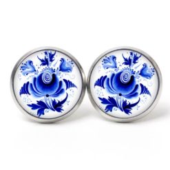 Ohrstecker, Ohrhänger, Clipse & Druckknopf – Motiv romantische blaue Blumen im Gzhel Stil – Schmuck aus Edelstahl