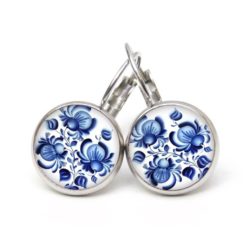 Ohrringe dunkelblaue Blumen im Gzhel Stil