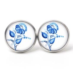 Ohrstecker, Ohrhänger, Clipse & Druckknopf – Motiv blaue Blume im Gzhel Stil – Schmuck aus Edelstahl