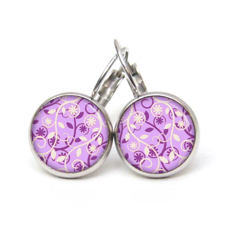 Ohrstecker, Ohrhänger, Clipse & Druckknopf – Motiv wildes lila Blumenmuster – Schmuck aus Edelstahl Ohrstecker, Ohrhänger, Clipse & Druckknopf - Motiv wildes lila Blumenmuster - Schmuck aus Edelstahl