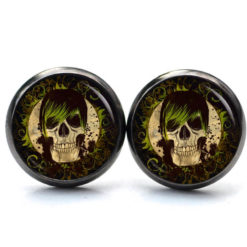 Ohrstecker, Ohrhänger, Clipse & Druckknopf – Motiv Totenkopf mit grünem Haar – Schmuck aus Edelstahl