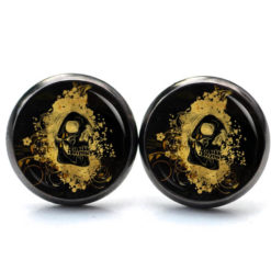 Ohrstecker, Ohrhänger, Clipse & Druckknopf – Motiv gold feuriger Totenkopf – Schmuck aus Edelstahl
