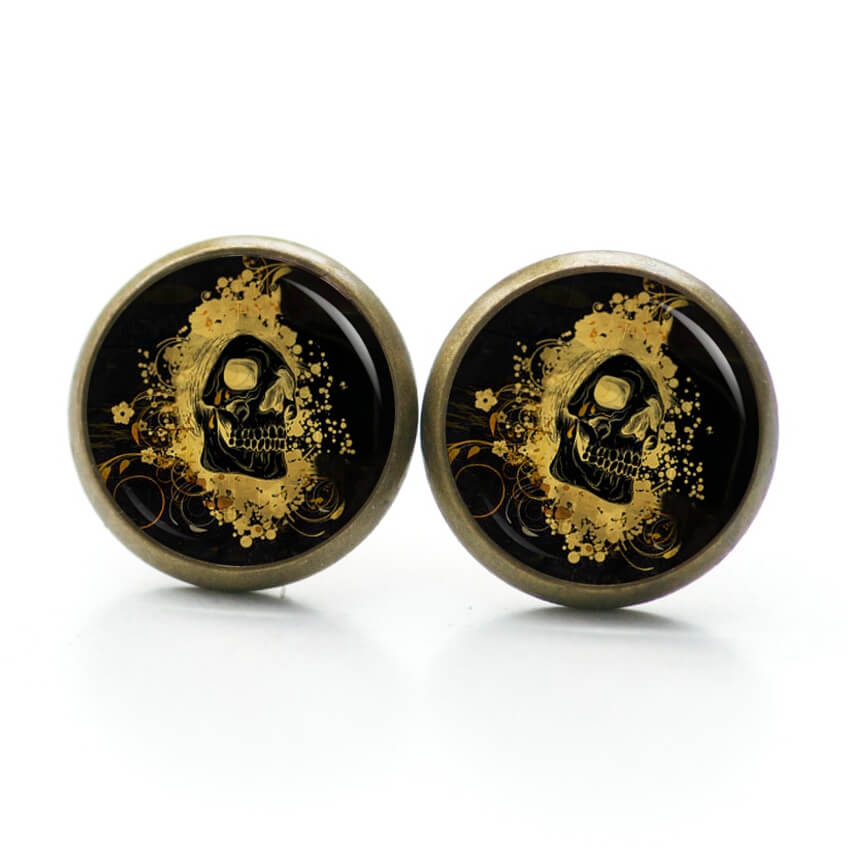 Ohrstecker, Ohrhänger, Clipse & Druckknopf – Motiv gold feuriger Totenkopf – Schmuck aus Edelstahl Ohrstecker, Ohrhänger, Clipse & Druckknopf – Motiv gold feuriger Totenkopf – Schmuck aus Edelstahl