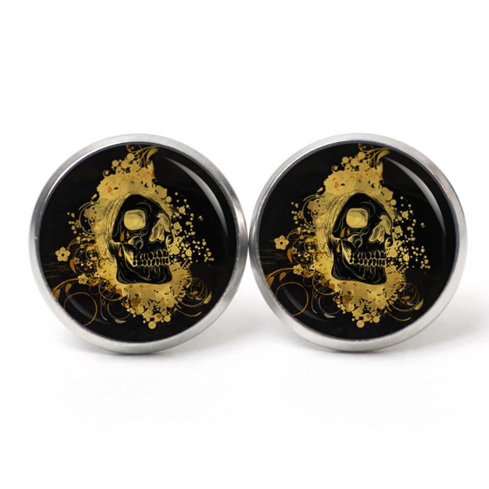 Ohrstecker, Ohrhänger, Clipse & Druckknopf – Motiv gold feuriger Totenkopf – Schmuck aus Edelstahl Ohrstecker, Ohrhänger, Clipse & Druckknopf – Motiv gold feuriger Totenkopf – Schmuck aus Edelstahl