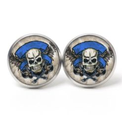 Ohrstecker, Ohrhänger, Clipse & Druckknopf – Motiv Piraten Totenkopf in blau – Schmuck aus Edelstahl