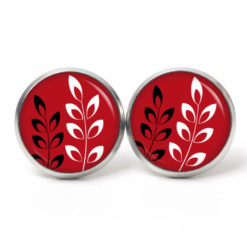 Ohrstecker, Ohrhänger, Clipse & Druckknopf – Motiv schwarz weiße Blätter auf Rot – Schmuck aus Edelstahl